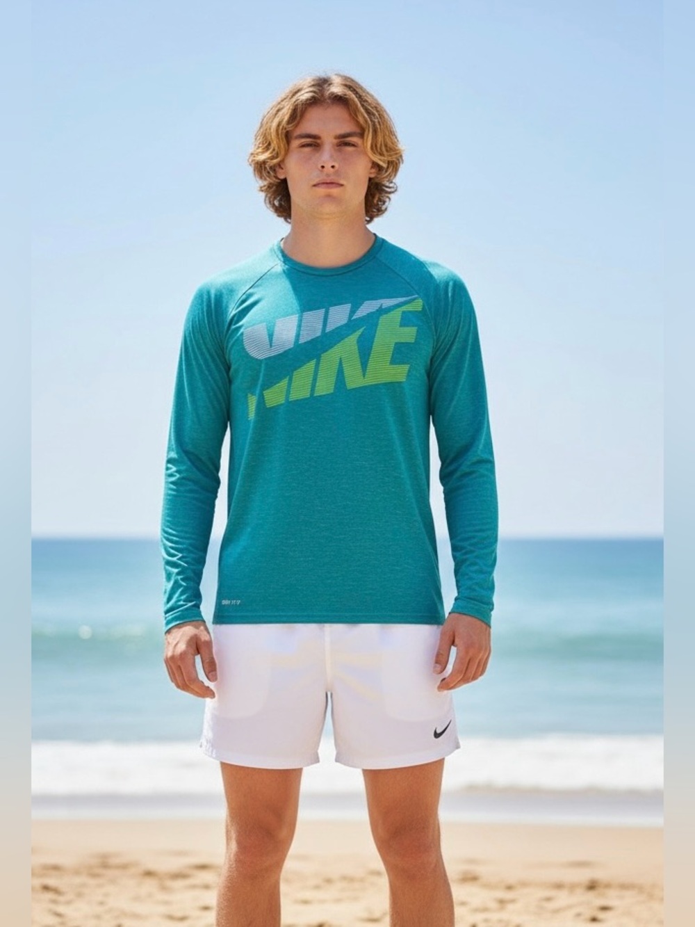NIKE SWIM Mens Aqua Blue Logo Dri Fit Long Sleeve Swim Shirt Small Beach Surf